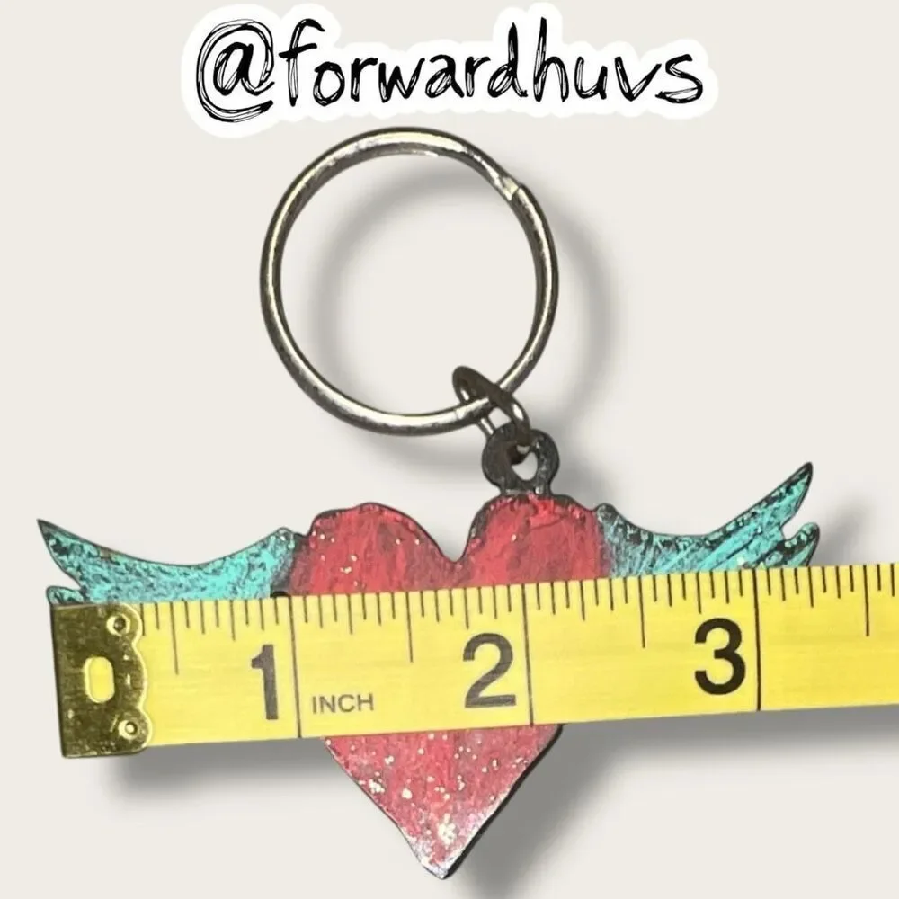 Bundle Sale 3 for $15 | Heart with Wings Keychain – Red Glitter & Turquoise